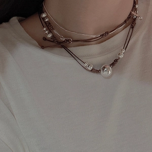 Collier multicouche en argent S925 avec corde cirée marron foncé et perles polies