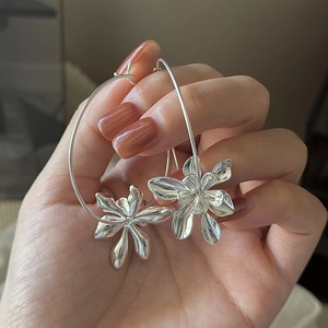 925 Sterling Silver Flower Hoop Earrings For Women Korean Style Millennium Aesthetic Large Floral Dangle Drop Jewelry