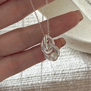 Elegant 925 Sterling Silver Artificial Pearl Necklace Minimalist Double Layer Interlocking Circles Pendant Choker For Women Wedding Dating Daily Jewelry Gift