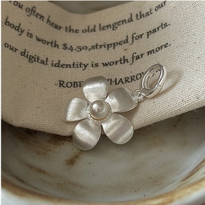 Macro view of S925 sterling silver flower pendant featuring brushed texture and pearl