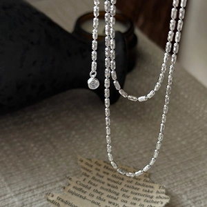 925 Sterling Silver Necklace For Women Vintage Olive Bead Chain With Rhinestone Pendant Adjustable Sliding Ball Jewelry