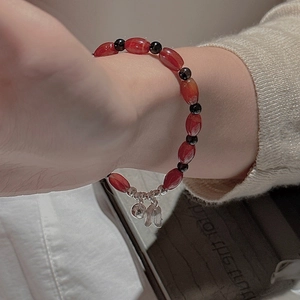 925 Sterling Silver Red Agate Beaded Bracelet For Women Retro Korean Style Calla Lily Tulip Pendant Floral Elastic Jewelry Gift