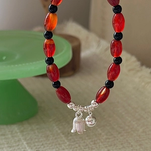 S925 silver beaded bracelet with red agate beads and calla lily bell charm