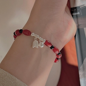 S925 sterling silver beaded bracelet with red agate beads and tulip bell charms