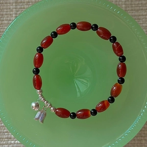 S925 sterling silver handmade red agate beaded bracelet with tulip and bell charms