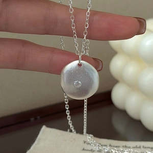 925 Sterling Silver Vintage Matte Round Disc Zirconia Necklace For Women Minimalist Niche Design Korean Style Clavicle Chain