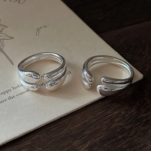 Minimalist S925 sterling silver open ring with cross layered water drop design