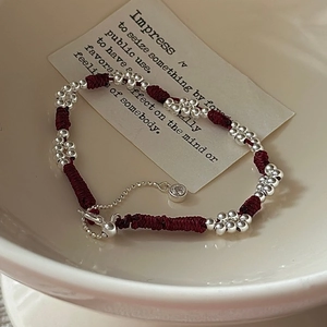 S925 sterling silver red braided bracelet with floral silver beads and zircon charm