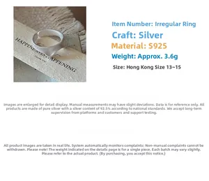 Detail of S925 sterling silver cat-ear wave ring with matte finish and specifications