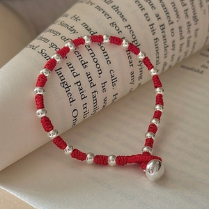 925 Sterling Silver Red Woven Rope Bracelet Vintage Minimalist Korean Style Silver Beads Bell Charm Hand-woven Lucky Jewelry