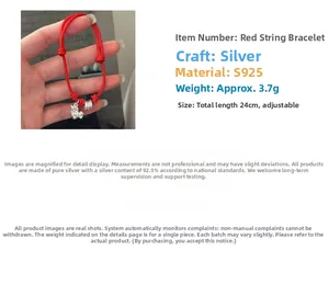 Detail of adjustable S925 silver red string bracelet with horse pendant, 3.7g weight