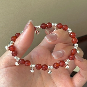 925 Sterling Silver Red Agate Beaded Bracelet For Women Simple Fashion Small Bell Pendants Jewelry Adjustable Hand Chain
