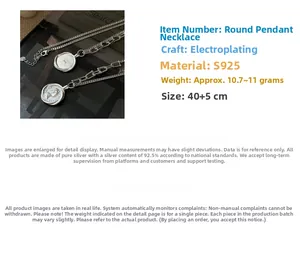 Detail showing S925 sterling silver coin pendant necklace with 40+5cm chain specs