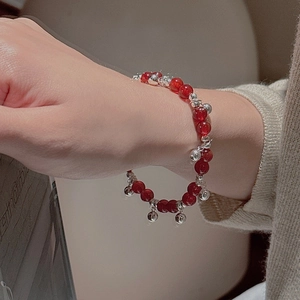 S925 sterling silver beaded bracelet with red agate and a delicate silver bell charm