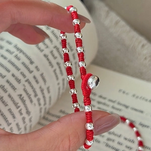 Minimalist S925 sterling silver woven red rope bracelet with metallic silver beads