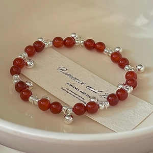 Minimalist S925 sterling silver beaded bracelet with red agate stones and silver bell charms