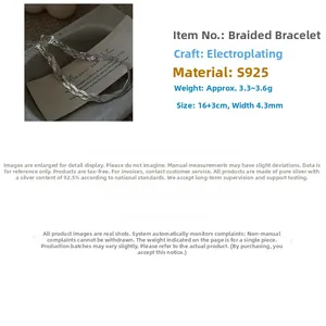 Close-up of S925 sterling silver woven bracelet showing 4.3mm width and 16cm length