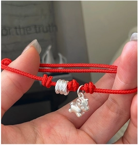 Macro detail of red woven rope bracelet with 925 sterling silver pony and spiral charms