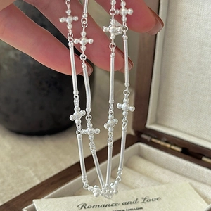 Collier Croix en Argent Sterling 925 Vintage pour Femme Chaîne à Maillons Cylindriques Minimaliste Bijoux de Clavicule
