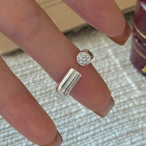 S925 sterling silver minimalist open ring with cubic zirconia and cylindrical bar