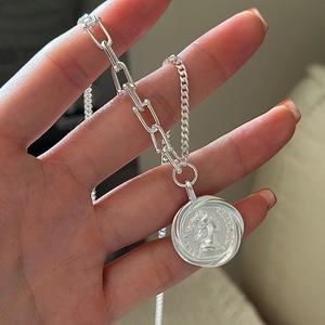 S925 Sterling Silver Retro Portrait Coin Pendant Necklace For Women Asymmetric Paperclip Chain Minimalist Clavicle Chain Jewelry