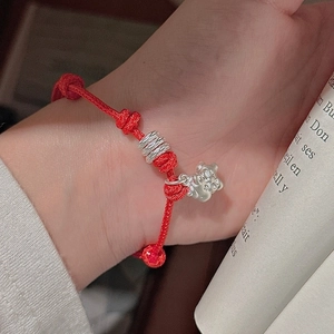 Handcrafted red string bracelet with S925 silver tiger charm and matte beads for good luck