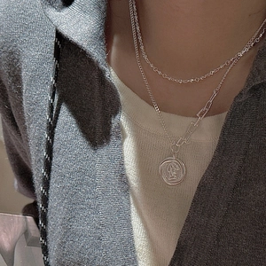 Minimalist S925 sterling silver layered necklace with portrait coin pendant for women