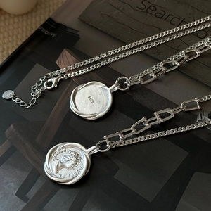 S925 sterling silver retro portrait coin pendant necklace with chunky link chain