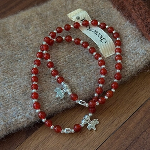 Bracelet en Perles d'Agate Rouge en Argent Sterling S925 pour Femmes Vintage Style Ethnique Pendentif Éléphant Chien Chanceux