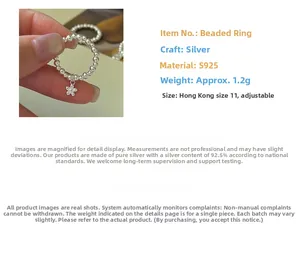 S925 sterling silver beaded ring with floral charm and elastic adjustable band design