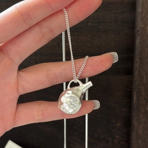 S925 sterling silver kettle pendant necklace with matte hammered texture for women