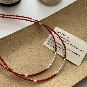 925 Sterling Silver Red Spinel Artificial Pearl Necklace For Women Korean Niche Design Retro Beaded Clavicle Chain Jewelry