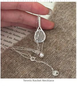 Close-up of S925 sterling silver tennis racket necklace with fine grid mesh and O-chain