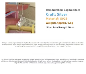 Detailed view of S925 sterling silver handbag pendant with brushed texture and 60cm bead chain