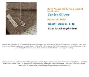 Detail of S925 sterling silver tennis racket necklace with 56cm chain and 5.4g weight
