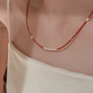 S925 sterling silver necklace with red spinel beads and white pearls for women