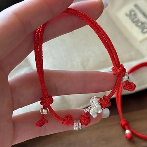 Handcrafted red string bracelet with S925 silver zodiac tiger charm and metal beads