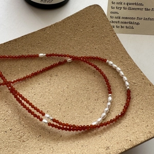Elegant S925 sterling silver necklace with red spinel beads and pearls in vintage style