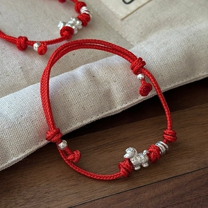 Minimalist S925 sterling silver red rope bracelet with horse pendant and silver beads