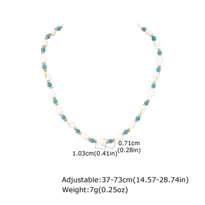 Detail view of shell beads and turquoise on an adjustable ocean-style necklace
