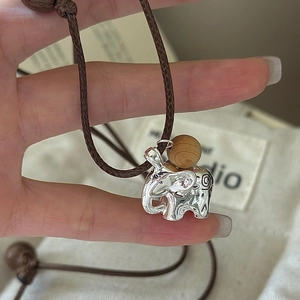 S925 Sterling Silver Elephant Pendant Necklace With Wooden Beads Brown Wax Cord Braided Chain For Women Forest Ethnic Jewelry