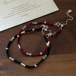 925 Sterling Silver Braided Rope Bracelet For Women Vintage Minimalist Red Black Thread Bracelet With Bamboo Tube Adjustable