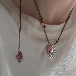 Minimalist S925 sterling silver elephant necklace with wood beads on brown cord