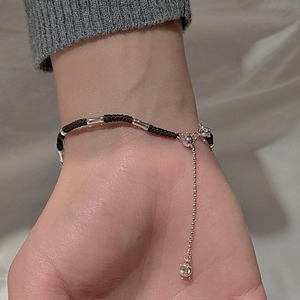 Minimalist S925 sterling silver woven black rope bracelet with metallic cylindrical beads