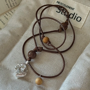S925 sterling silver elephant pendant necklace with retro beads on brown woven cord