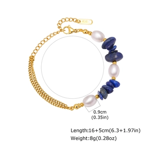 Bracelet doré en acier inoxydable avec pierres de lapis bleu et perles de 9mm