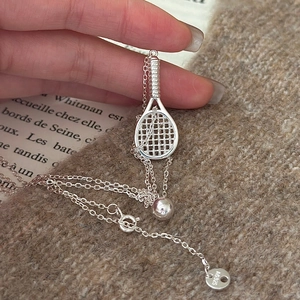 S925 sterling silver necklace featuring a detailed tennis racket pendant with a small ball