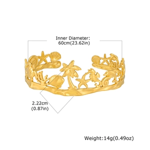 Bracelet jonc doré thème océan en acier inoxydable avec motifs de vie marine et palmiers