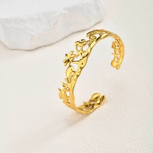 Bracelet jonc doré en acier inoxydable avec tortues de mer, étoiles de mer et palmiers