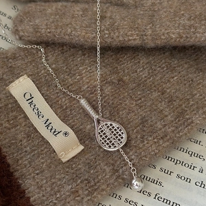Minimalist S925 sterling silver tennis racket necklace with a small ball pendant charm